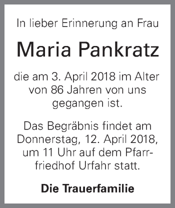 Traueranzeige von Maria Pankratz von OÖNachrichten