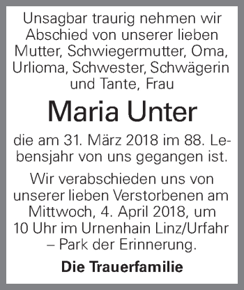 Traueranzeige von Maria Unter von OÖNachrichten