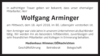 Traueranzeige von Wolfgang Arminger von OÖNachrichten