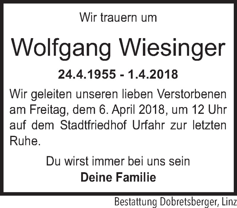  Traueranzeige für Wolfgang Wiesinger vom 04.04.2018 aus OÖNachrichten