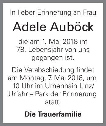 Traueranzeige von Adele Auböck von OÖNachrichten