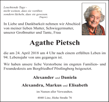 Traueranzeige von Agathe Pietsch von OÖNachrichten