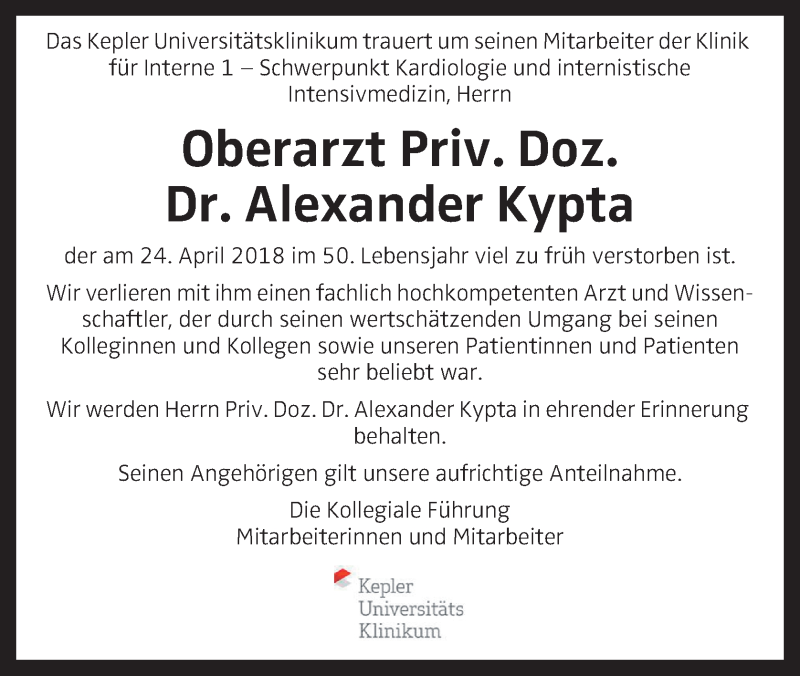  Traueranzeige für Alexander Kypta vom 27.04.2018 aus OÖNachrichten