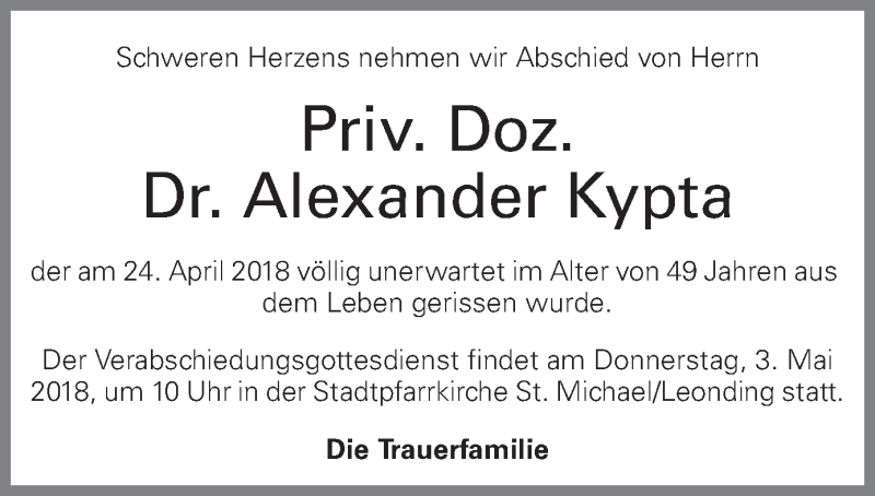  Traueranzeige für Alexander Kypta vom 28.04.2018 aus OÖNachrichten