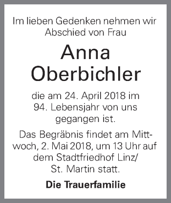 Traueranzeige von Anna Oberbichler von OÖNachrichten