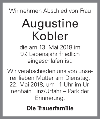 Traueranzeige von Augustine Kobler von OÖNachrichten