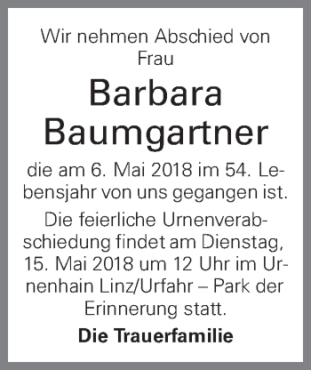 Traueranzeige von Barbara Baumgartner von OÖNachrichten