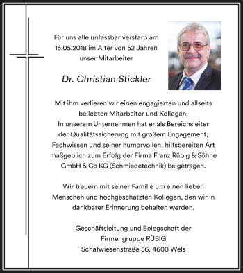 Traueranzeige von Christian Stickler von OÖNachrichten