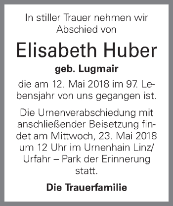 Traueranzeige von Elisabeth Huber von OÖNachrichten