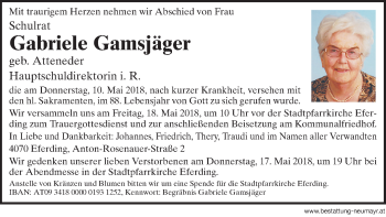 Traueranzeige von Gabriele Gamsjäger von OÖNachrichten