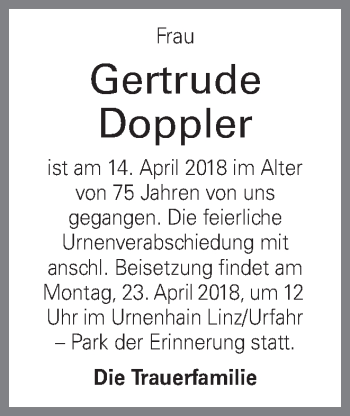 Traueranzeige von Gertrude Doppler von OÖNachrichten