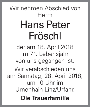 Traueranzeige von Hans Peter Fröschl von OÖNachrichten