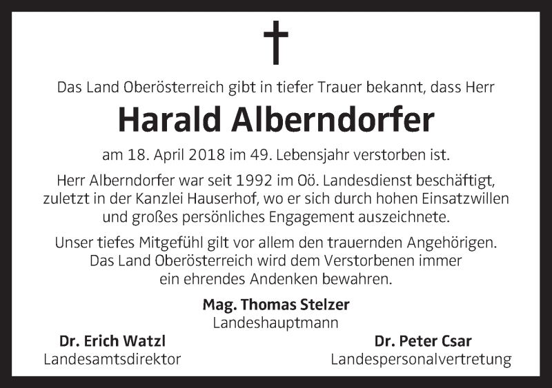  Traueranzeige für Harald Alberndorfer vom 25.04.2018 aus OÖNachrichten