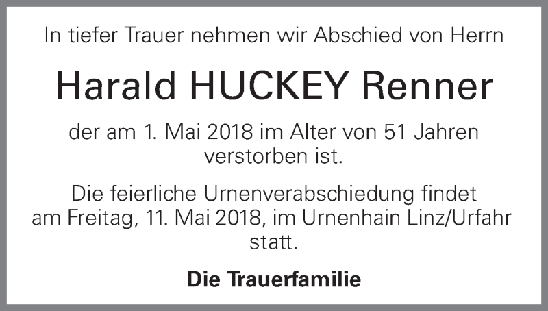  Traueranzeige für Harald Renner vom 05.05.2018 aus OÖNachrichten