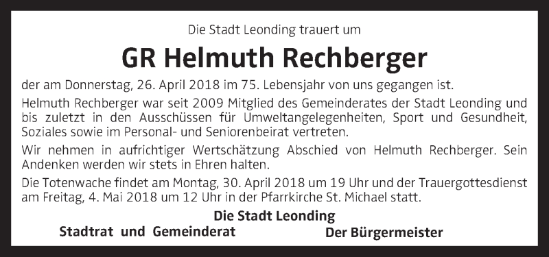  Traueranzeige für Helmuth Rechberger vom 28.04.2018 aus OÖNachrichten