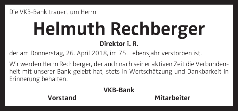  Traueranzeige für Helmuth Rechberger vom 28.04.2018 aus OÖNachrichten