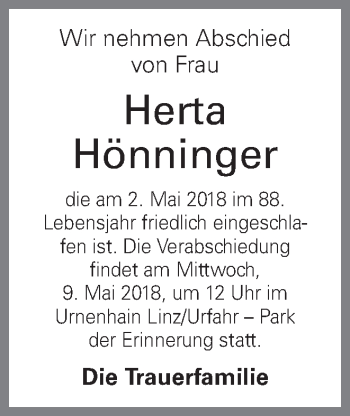 Traueranzeige von Herta Hönninger von OÖNachrichten