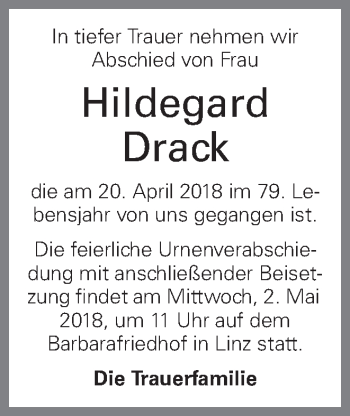 Traueranzeige von Hildegard Drack von OÖNachrichten