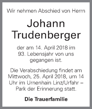 Traueranzeige von Johann Trudenberger von OÖNachrichten