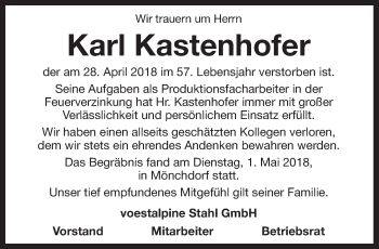Traueranzeige von Karl Kastenhofer von OÖNachrichten