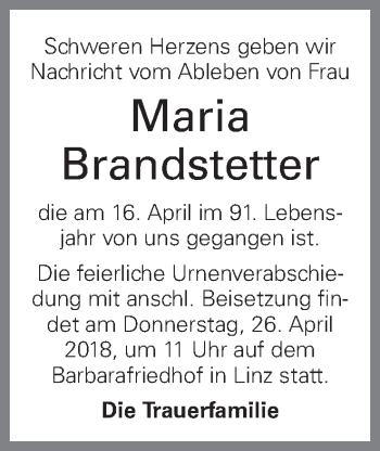 Traueranzeige von Maria Brandstetter von OÖNachrichten