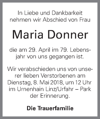 Traueranzeige von Maria Donner von OÖNachrichten