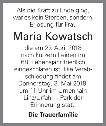 Traueranzeige von Maria Kowatsch von OÖNachrichten