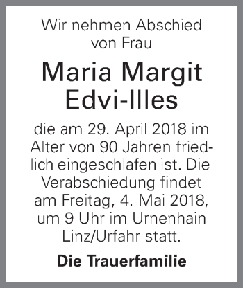 Traueranzeige von Maria Margit Edvi-Illes von OÖNachrichten