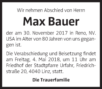 Traueranzeige von Max Bauer von OÖNachrichten