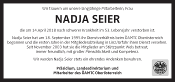 Traueranzeige von Nadja Seier von OÖNachrichten