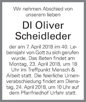 Traueranzeige von Oliver Scheidleder von OÖNachrichten