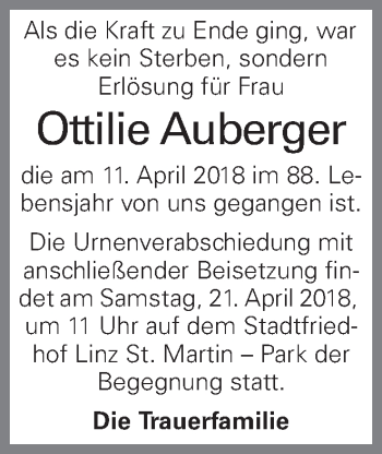 Traueranzeige von Ottilie Auberger von OÖNachrichten