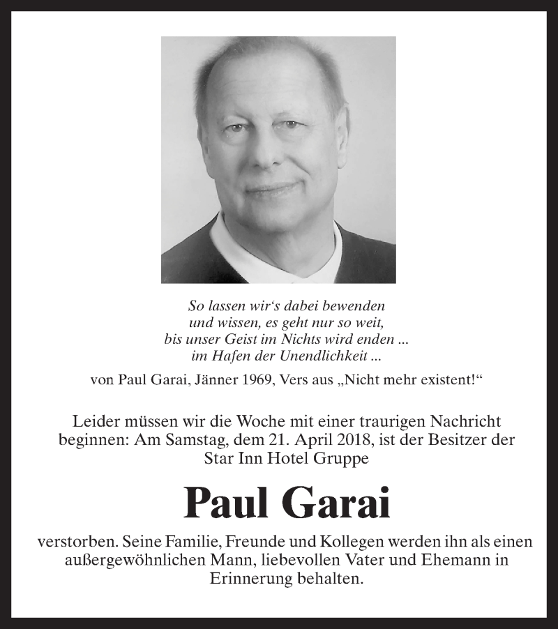  Traueranzeige für Paul Garai vom 30.04.2018 aus OÖNachrichten