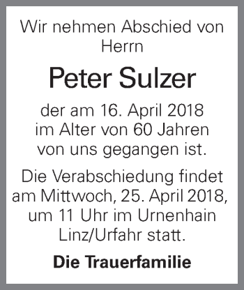 Traueranzeige von Peter Sulzer von OÖNachrichten