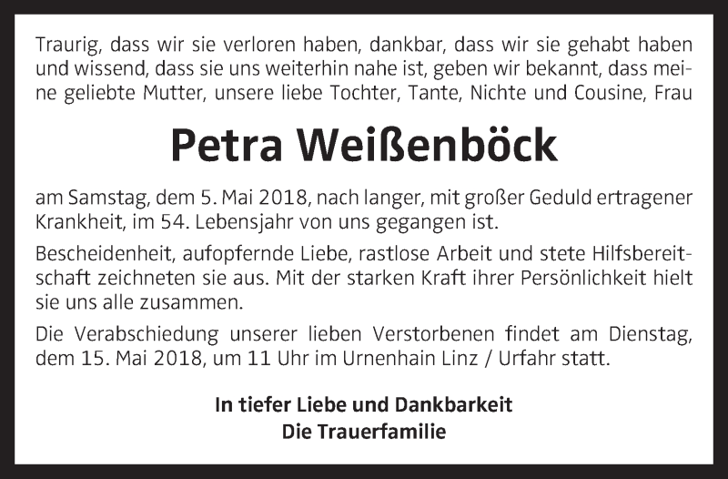  Traueranzeige für Petra Weißenböck vom 12.05.2018 aus OÖNachrichten