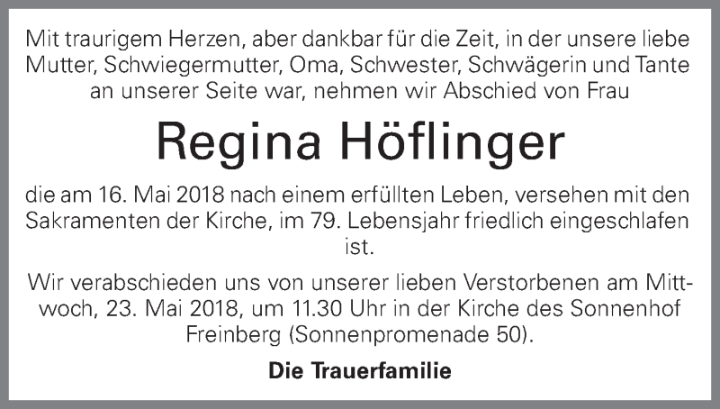  Traueranzeige für Regina Höflinger vom 19.05.2018 aus OÖNachrichten