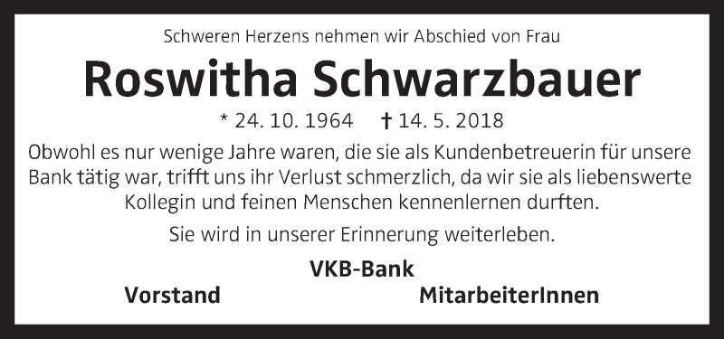  Traueranzeige für Roswitha Schwarzbauer vom 17.05.2018 aus OÖNachrichten