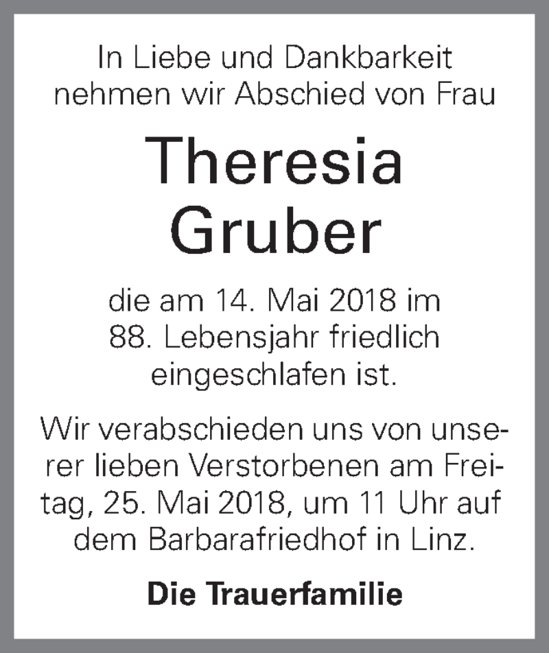  Traueranzeige für Theresia Gruber vom 19.05.2018 aus OÖNachrichten