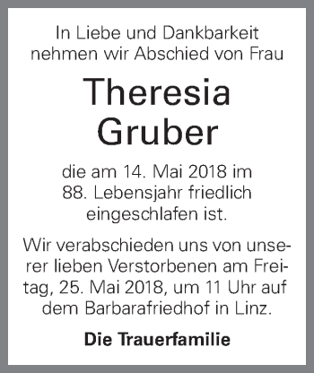Traueranzeige von Theresia Gruber von OÖNachrichten