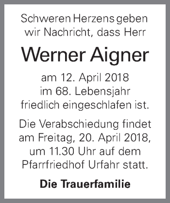 Traueranzeige von Werner Aigner von OÖNachrichten