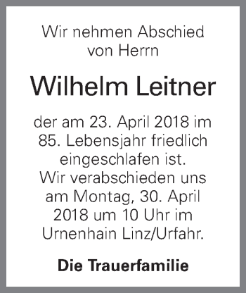 Traueranzeige von Wilhelm Leitner von OÖNachrichten