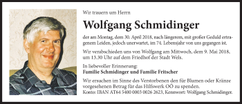 Traueranzeige von Wolfgang Schmidinger von OÖNachrichten
