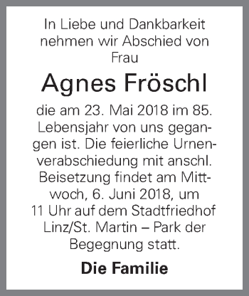 Traueranzeige von Agnes Fröschl von OÖNachrichten