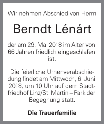 Traueranzeige von Berndt Lénárt von OÖNachrichten