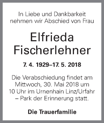 Traueranzeige von Elfreda Fischerlehner von OÖNachrichten