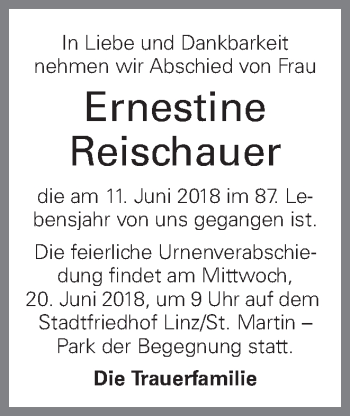 Traueranzeige von Ernestine Reischauer von OÖNachrichten