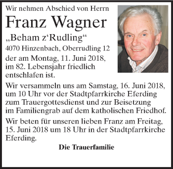 Traueranzeige von Franz Wagner von OÖNachrichten