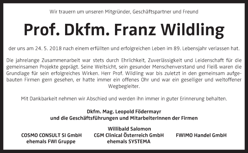  Traueranzeige für Franz Wildling vom 02.06.2018 aus OÖNachrichten