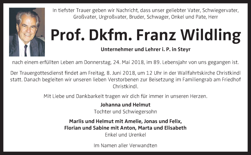  Traueranzeige für Franz Wildling vom 02.06.2018 aus OÖNachrichten