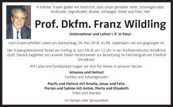 Traueranzeige von Franz Wildling von OÖNachrichten